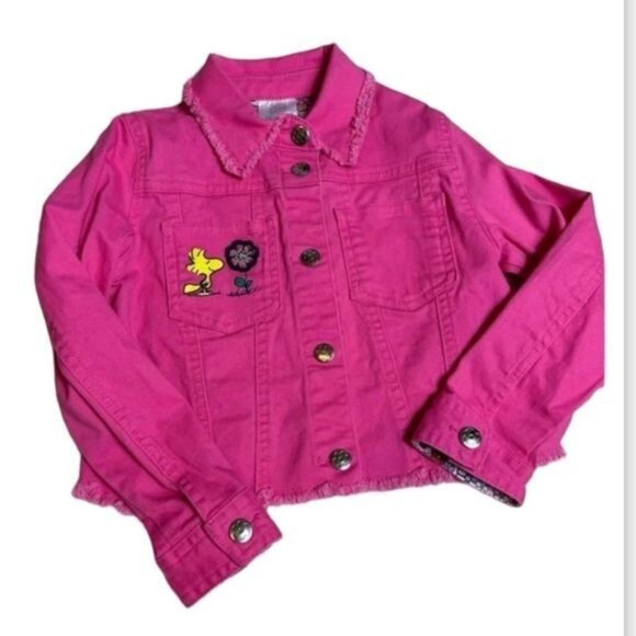 Peanuts Snoopy Woodstock Pink Denim Jacket With Floral Details - Picture 1 of 8